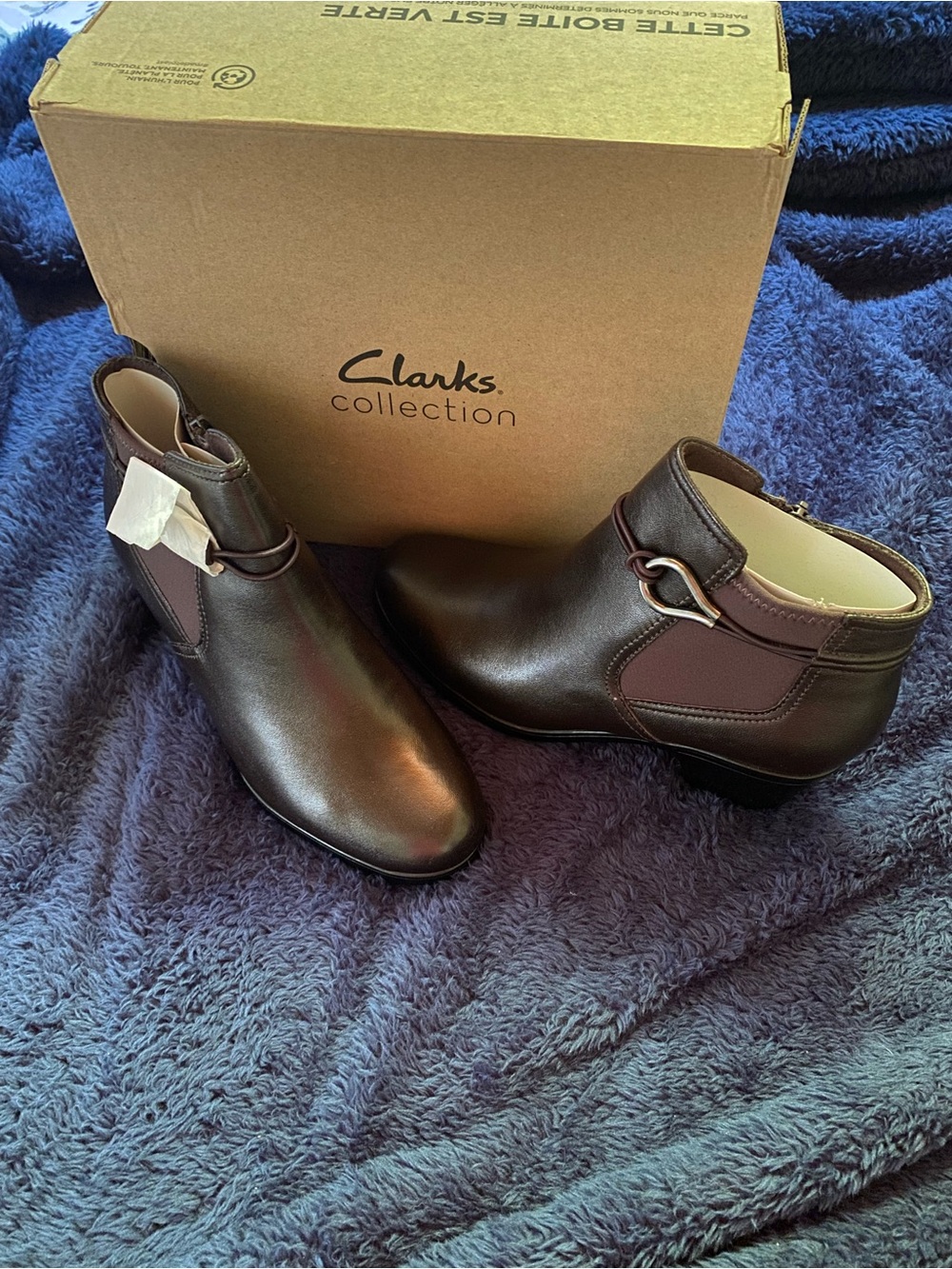 Clarks Emily2 Kaylie Dark Brown Leather Chelsea Booties with Metal Ring Accent